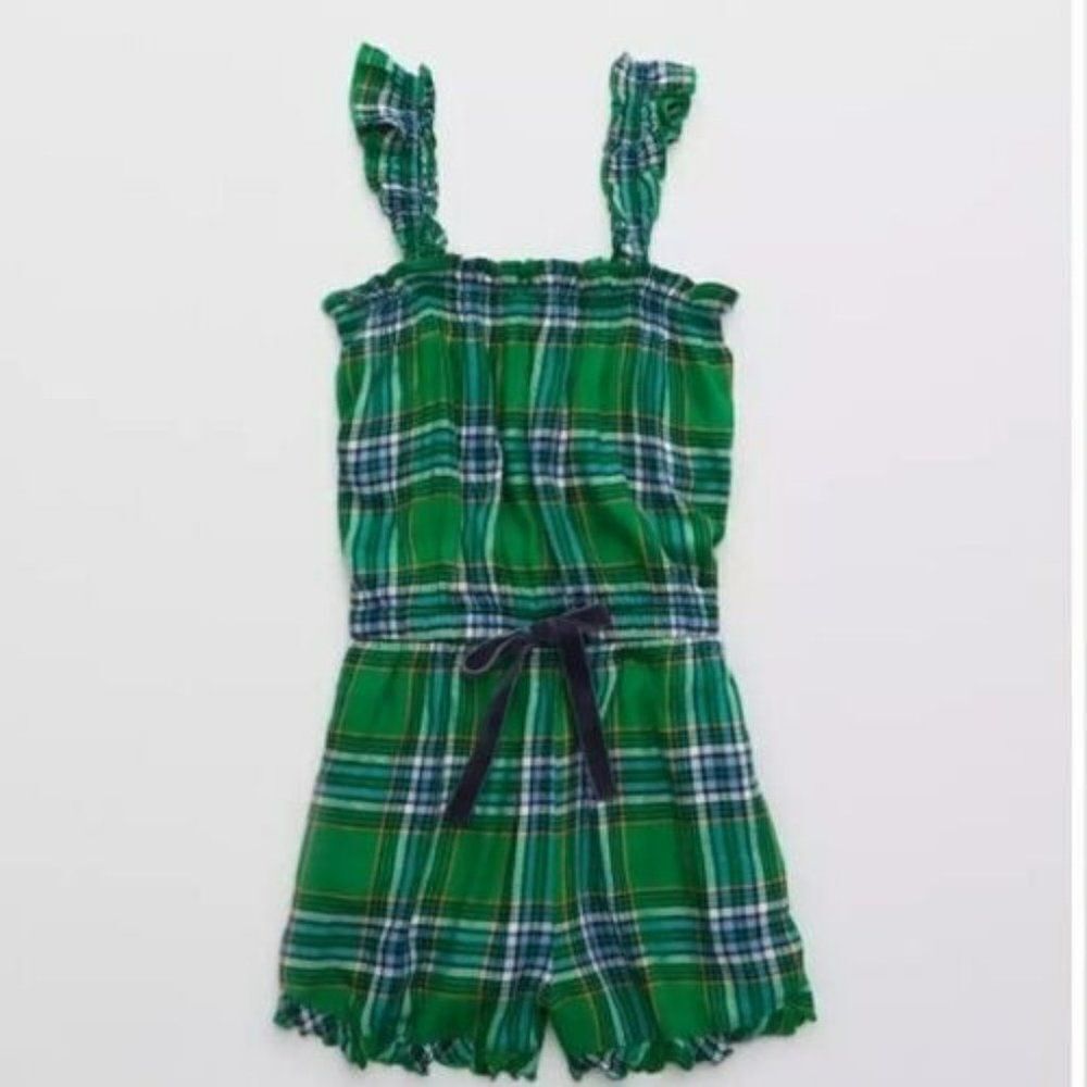 Aerie Flannel Romper Plaid Green Women's Sz Large